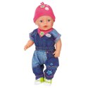 Jeansowy kombinezon z czapką i bucikami dla lalki Baby Born 43 cm