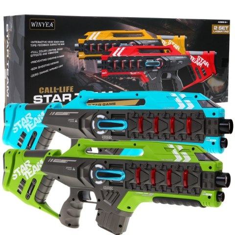 Zestaw 2 pistoletów laserowych dla dzieci 8+ Laser Tag Niebieski Zielony 4 drużyny + 4 rodzaje broni