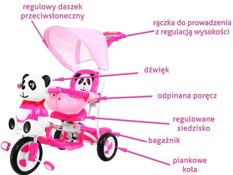 3-kołowy Rowerek dla dzieci Panda Różowy + Dźwięki + Daszek + Barierka + Podnóżek + Rączka + Schowek