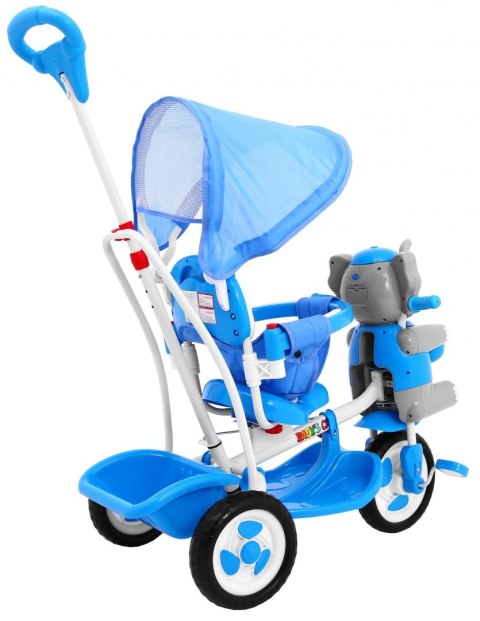 3-kołowy Rowerek dla dzieci Słonik Niebieski + Dźwięki + Daszek + Barierka + Podnóżek + Rączka + Schowek