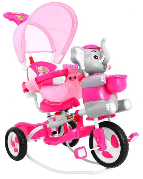 3-kołowy Rowerek dla dzieci Słonik Różowy + Dźwięki + Daszek + Barierka + Podnóżek + Rączka + Schowek