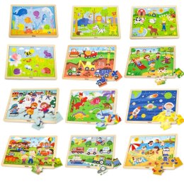 Puzzle drewniane 12 układanek po 24 puzzle na regale Viga Toys