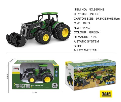 Zielony Traktor z Turem dla dzieci 3+ Model 1:24 + Ruchome elementy + 8 Kół + Tylny hak
