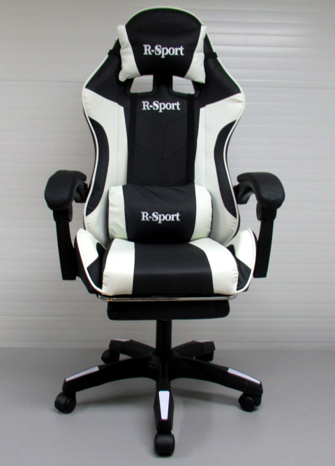 Fotel Gamingowy K4 R-Sport BIAŁO-CZARNY z podnóżkiem+masażer