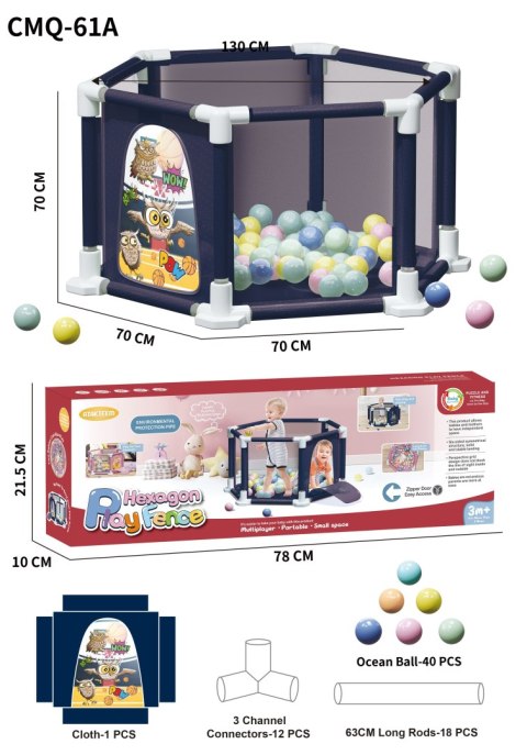 Kojec Wieloryb do zabawy dla dzieci 3m+ Ścianki z siatki + Wejście na zamek + 40 Piłeczek