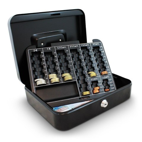 Czarna metalowa kasetka schowek do przechowywania pieniędzy transportu gotówki 25cm