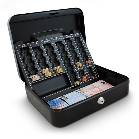 Czarna metalowa kasetka schowek do przechowywania pieniędzy transportu gotówki 25cm