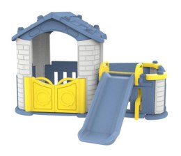 Duży Domek ogrodowy 5w1 dla dzieci + Zjeżdżalnia + Koszykówka + Ogródek + Stolik + 2 Krzesełka Niebieski Dach