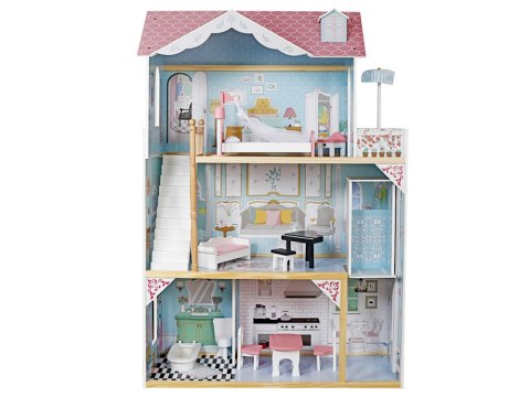 Duży Drewniany Domek dla lalek + drewniane mebelki Pastelowe kolory ZA5457