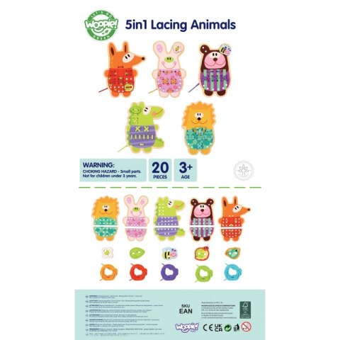 WOOPIE GREEN Drewniana Sznurowanka 5w1 Zwierzątka do Nawlekania