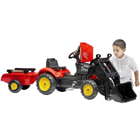 FALK Traktorek Supercharger Czerwony Otwierana Maska z Przyczepką + Łyżka Od 2 Roku Życia