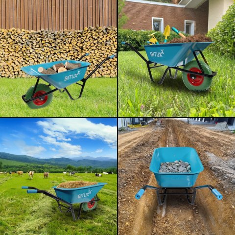 Taczka Ogrodowa Solidna taczka 100L jednokołowa niebieska Mocna 250kg +zielone koło PU