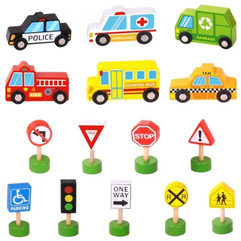 WOOPIE GREEN Zestaw Drewnianych Pojazdów i Znaków Drogowych