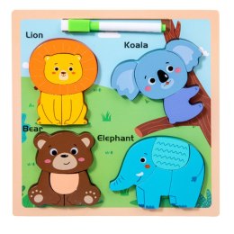 Układanka Tablica 2w1 Drewniana Edukacyjna Dzikie Zwierzęta Pisak