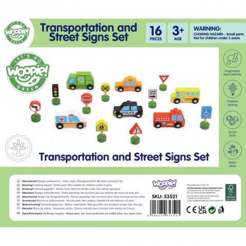 WOOPIE GREEN Zestaw Drewnianych Pojazdów i Znaków Drogowych
