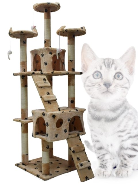 DRAPAK DLA KOTA BEŻOWY W ŁAPKI 170 CM WIELOPOZIOMOWY 2 DOMKI