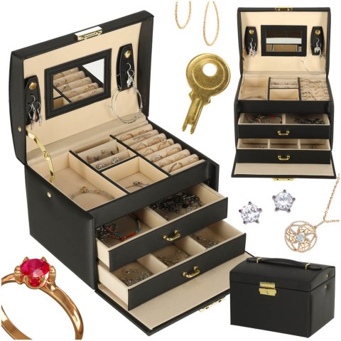Szkatułka kuferek na biżuterię z szufladami czarna