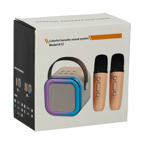 Zestaw do karaoke głośnik Bluetooth 2 mikrofony USB LED 6W beżowy