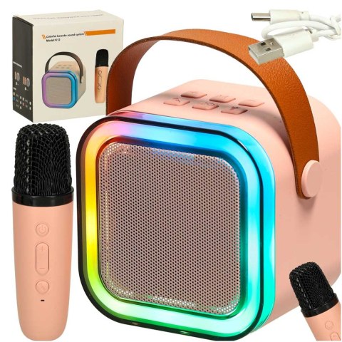 Zestaw do karaoke głośnik Bluetooth mikrofon USB LED różowy