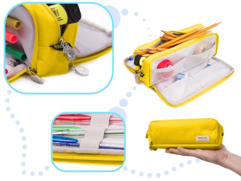 Piórnik szkolny trzykomorowy do szkoły kosmetyczka 3w1 żółta