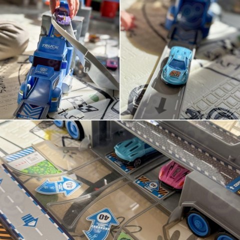 WOOPIE Zestaw Ciężarówka Policyjna Laweta Garaż Tor Wyścigowy