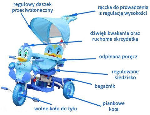 3-kołowy Rowerek dla dzieci Kaczka Niebieski + Dźwięki + Daszek + Barierka + Podnóżek + Rączka + Schowek