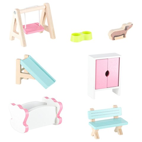 Domek dla lalek drewniany Lulilo Gardeno z ogródkiem mebelki 70cm różowy LED