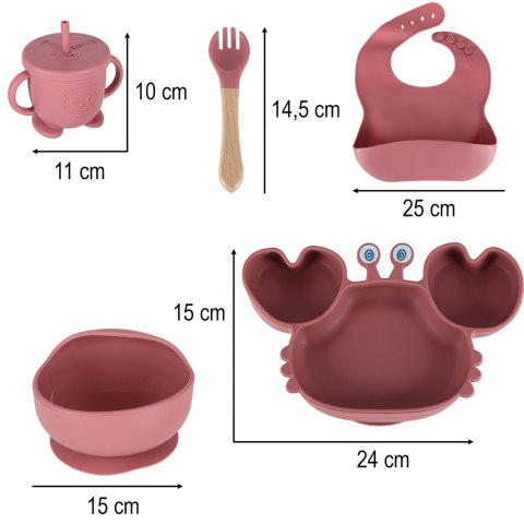Naczynia silikonowe dla dzieci niemowląt krab zestaw 9 elementów ciemny róż