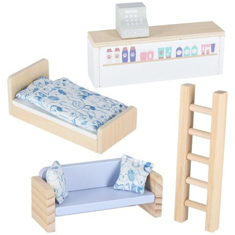 Domek w walizce hotel spa dla zwierząt drewniane mebelki figurki