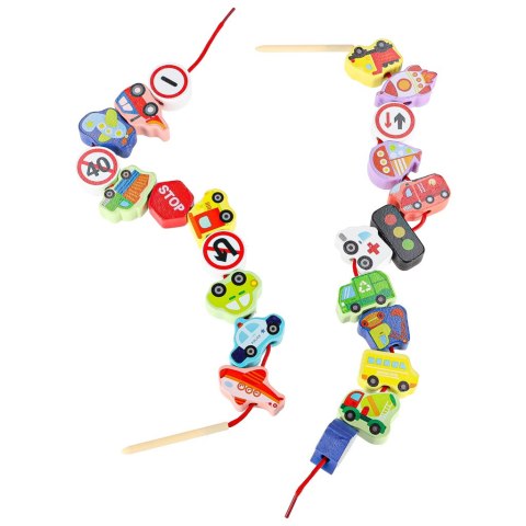 Klocki drewniane do nawlekania pojazdy znaki drogowe