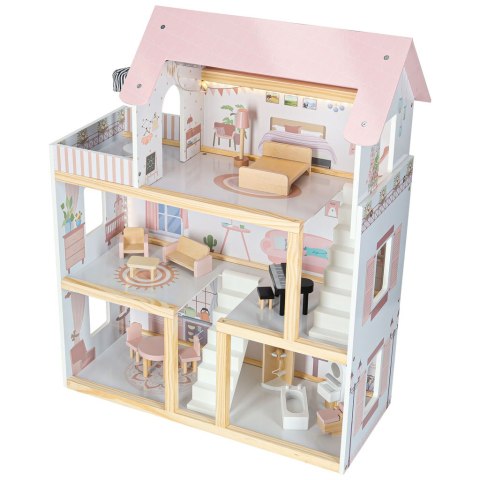 Domek dla lalek drewniany mebelki 80cm róż LED