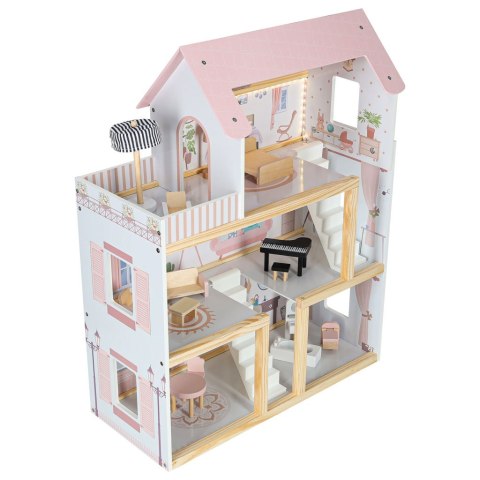 Domek dla lalek drewniany mebelki 80cm róż LED