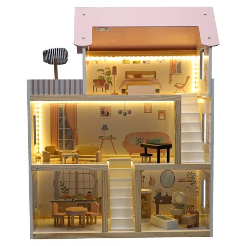 Domek dla lalek drewniany mebelki 80cm róż LED