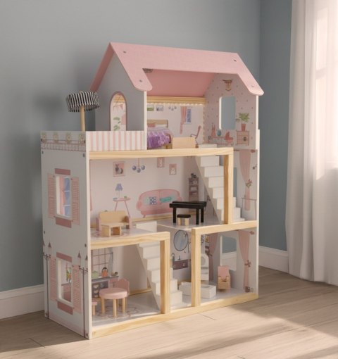 Domek dla lalek drewniany mebelki 80cm róż LED
