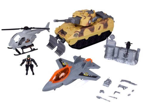 Duży zestaw militarny czołg myśliwiec helikopter + żołnierz ZA5752