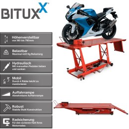 Hydrauliczny podnośnik motocyklowy Bituxx 460 kg czerwony, rampa serwisowa
