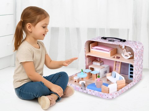 KWIECISTY Domek dla lalek w zamykanej walizce + drewniane mebelki ZA5930