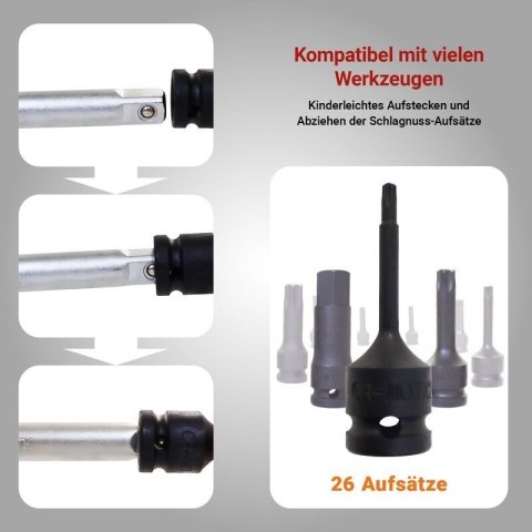 Bituxx 26‑częściowy zestaw nasadek 1/2″ - nasadki, bity Torx i wielozębate, profesjonalny komplet
