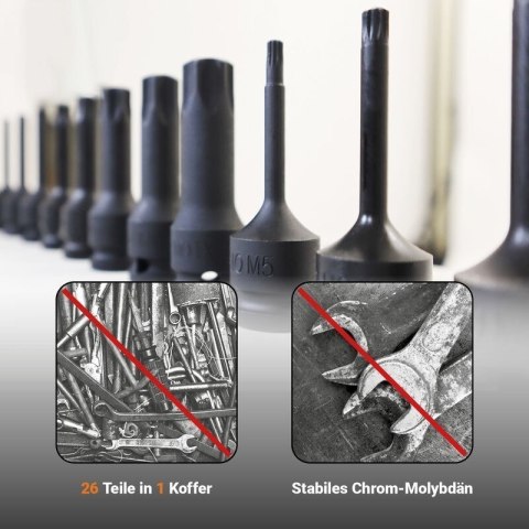 Bituxx 26‑częściowy zestaw nasadek 1/2″ - nasadki, bity Torx i wielozębate, profesjonalny komplet