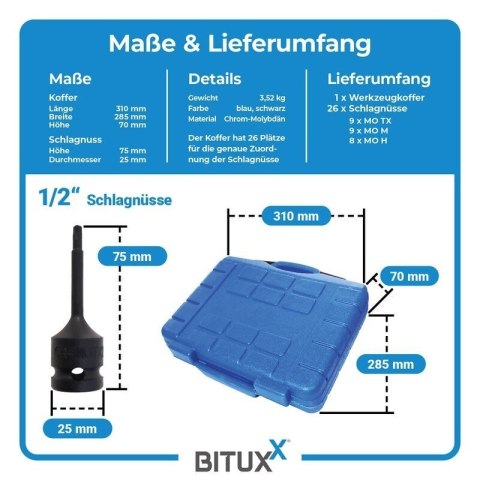 Bituxx 26‑częściowy zestaw nasadek 1/2″ - nasadki, bity Torx i wielozębate, profesjonalny komplet