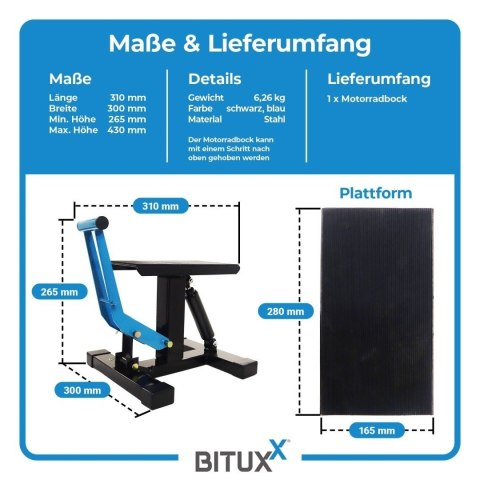 Podnośnik motocyklowy BITUXX 150 kg regulowany warsztatowy platforma antypoślizgowa