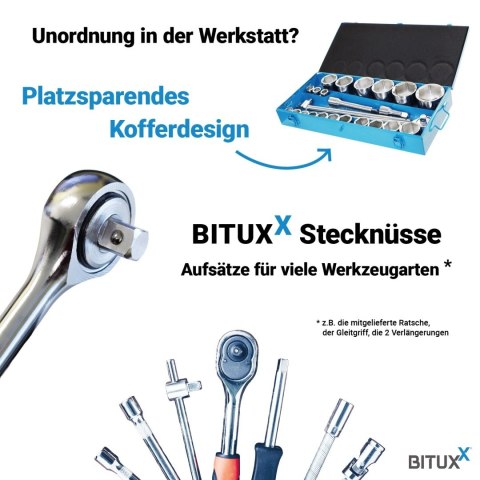 Zestaw kluczy nasadowych, nakrętek, grzechotek do samochodów ciężarowych, 19-70 mm, 25 elementów, BITUXX