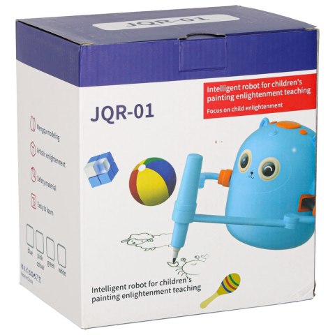 Robot edukacyjny interaktywny nauka rysowania pisania zestaw fiszki mazaki niebieski