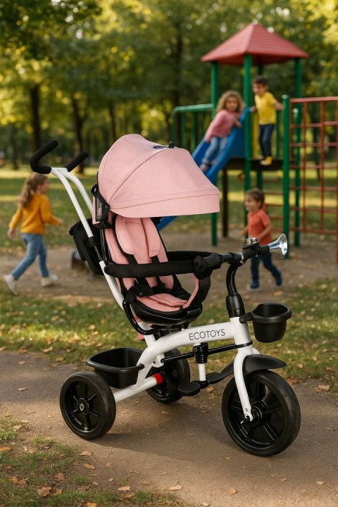 Rowerek trójkołowy 6w1 obrotowy 360° RÓŻOWY z daszkiem ECOTOYS