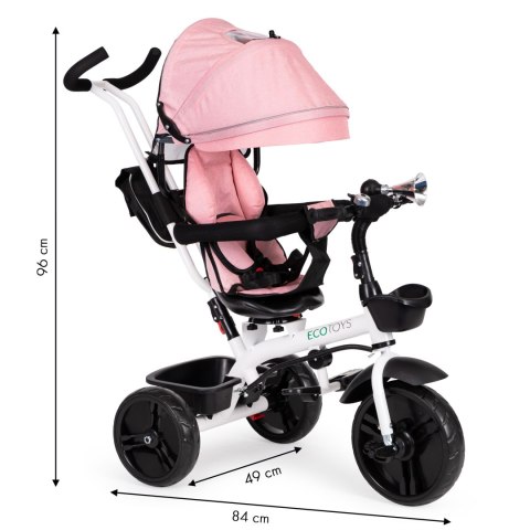 Rowerek trójkołowy 6w1 obrotowy 360° RÓŻOWY z daszkiem ECOTOYS