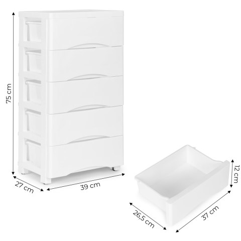 Regał z 5 wysuwanymi szufladami nogi z kółkami biały ModernHome