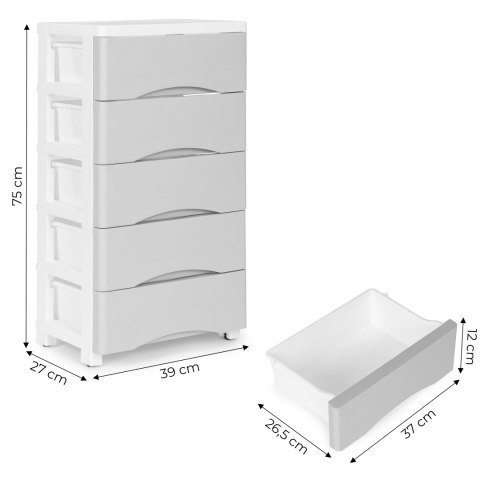 Regał z 5 wysuwanymi szufladami nogi z kółkami szary ModernHome