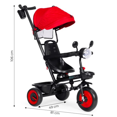Rowerek trójkołowy dla dzieci Spacerówka 3w1, obracane siedzisko, daszek, CZERWONY - ECOTOYS