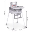Fotelik krzesełko do karmienia dzieci 3w1 podwójna tacka 5-punktowe pasy szary ECOTOYS