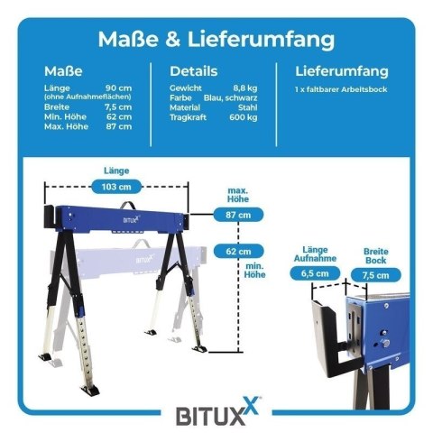 Stół roboczy / kozioł składany regulowany - 600 kg, wysokość 62-87 cm BITUXX